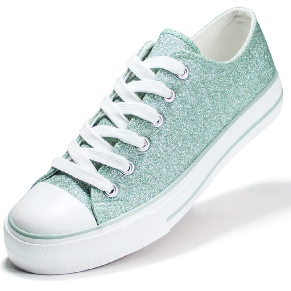 Light Blue Glitter Canvas Shoes Low Top Lace Up Non Slip Sneaker